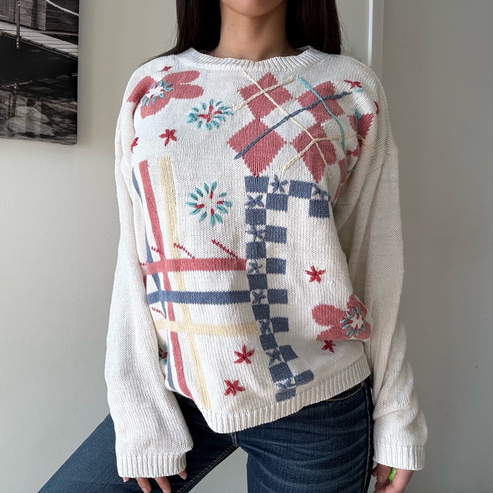 90s Vintage Coquette Embroidered Knit Oversized Sweater